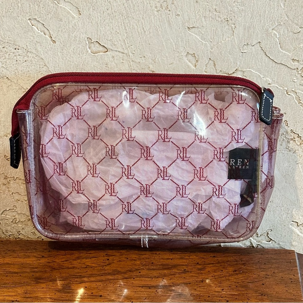 Lauren Ralph Lauren Clear Cosmetic Zip Makeup Bag With Burgundy Monogram Pattern
